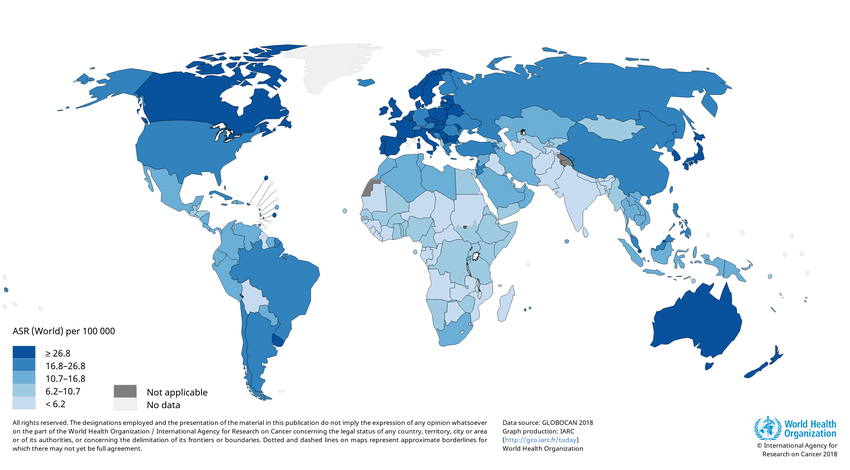 Taxa de incidência do cancro colorretal padronizada pela idade, em diferentes regiões do Mundo - ASR (W)/ 100.000 habitantes (ambos os sexos, todas as idades) (Fonte IARC)