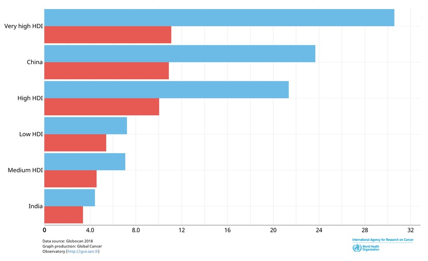 Estimated age-standardized incidence (blue) and mortality (red) rates of colorectal cancer in 2018, for both sexes and all ages in different populations. HDI - Human Development Index. 