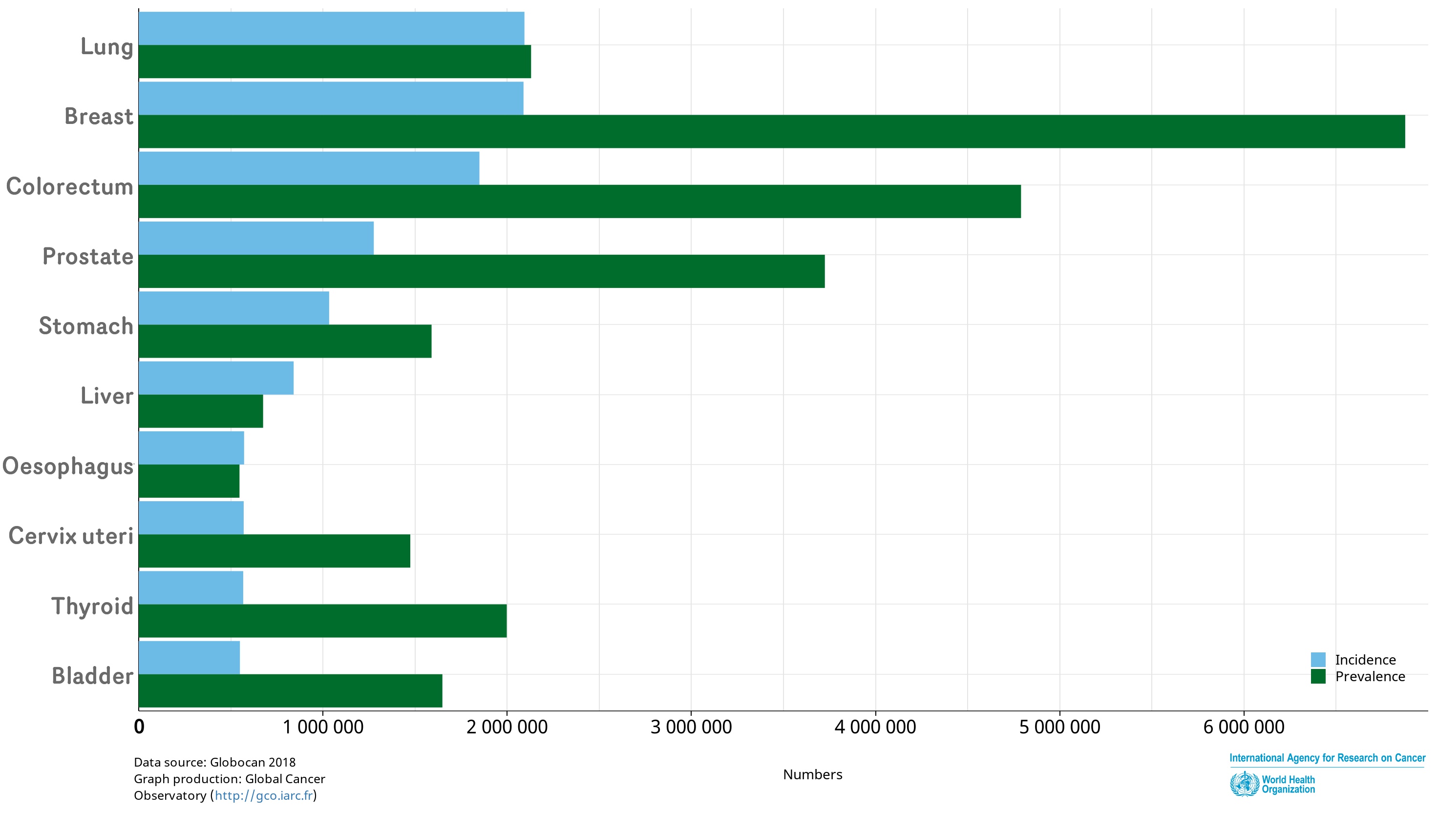 Estimated age-standardized incidence and prevalence (5-year) numbers in 2018, worldwide, both sexes, all ages (source IARC). 