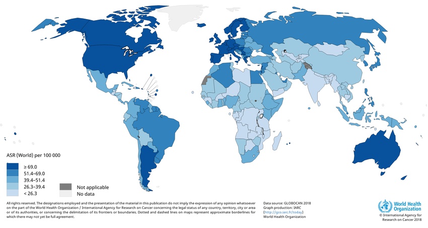 Taxa estimada de incidência de cancro da mama em mulheres, padronizada pela idade, em diferentes regiões do globo (Fonte IARC) 